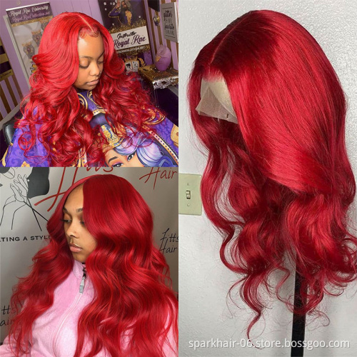 SPARK Body Wave Colored Human Hair Lace Front Wigs 180% Density HD Transparent Wig 99J Red Burgundy Remy Brazilian Wig For Women
